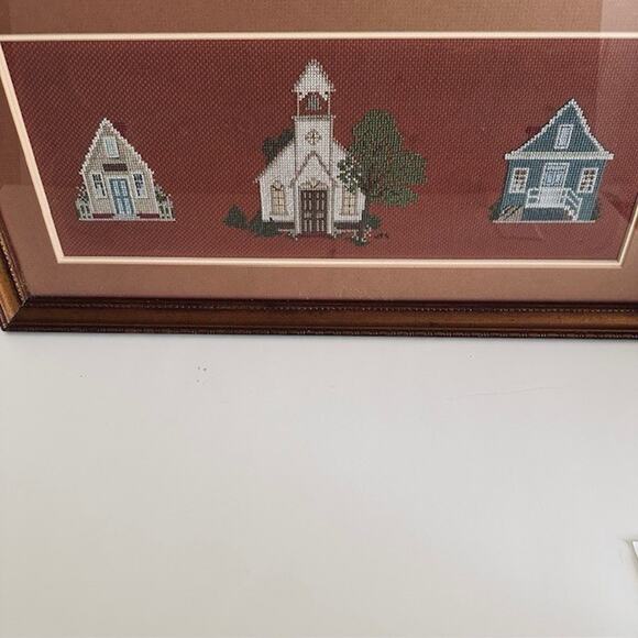 Vintage Framed Matted Cross Stitched Embroidered Folk Art Cabin/Church/LakeCabin - Picture 8 of 16